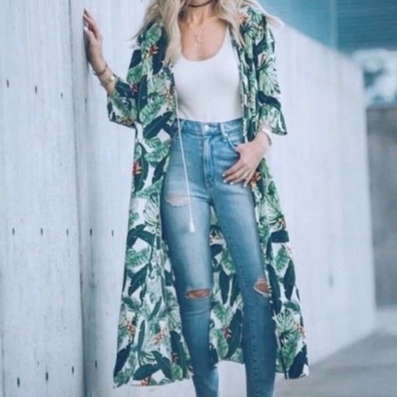 RACHEL ZOE Designer Green Palm Leaf Kimono Duster OS One Size - Picture 1 of 13